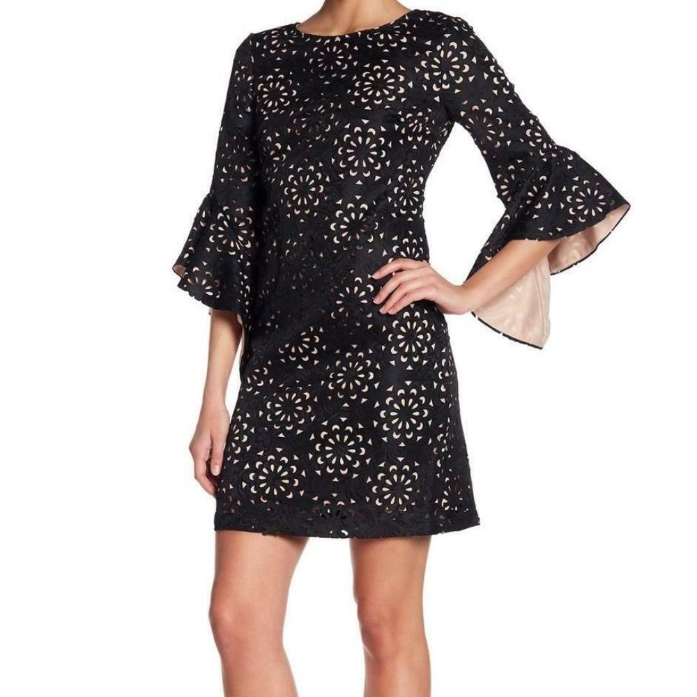 JAX Black Label Laser-Cut Bell Sleeve Dress